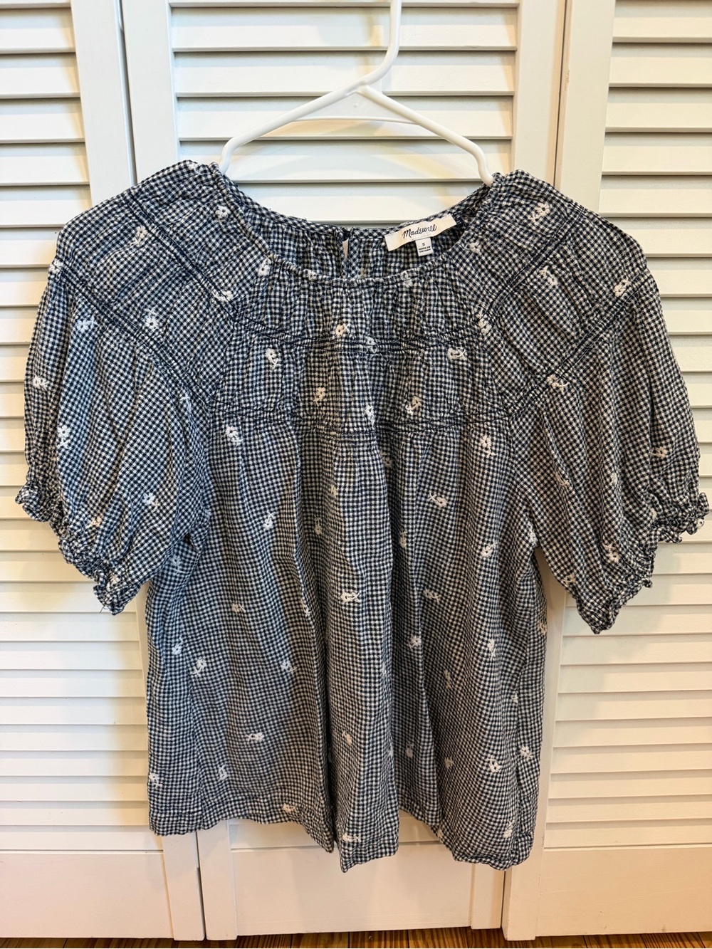 Madewell Navy Gingham Smocked Floral Blouse
